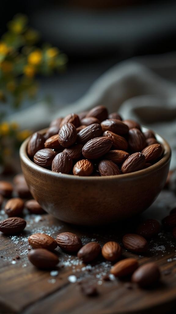 A bowl of dark chocolate-covered almonds with some scattered on a wooden surface.