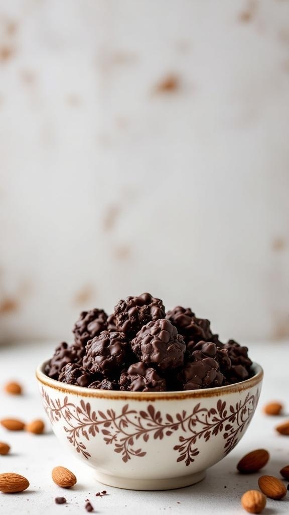 A bowl of dark chocolate almond clusters surrounded by almonds on a light background.