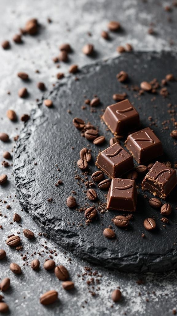 Dark chocolate pieces on a black stone surface with coffee beans scattered around.