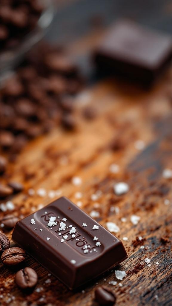 A piece of dark chocolate with sea salt on a wooden surface, surrounded by coffee beans.