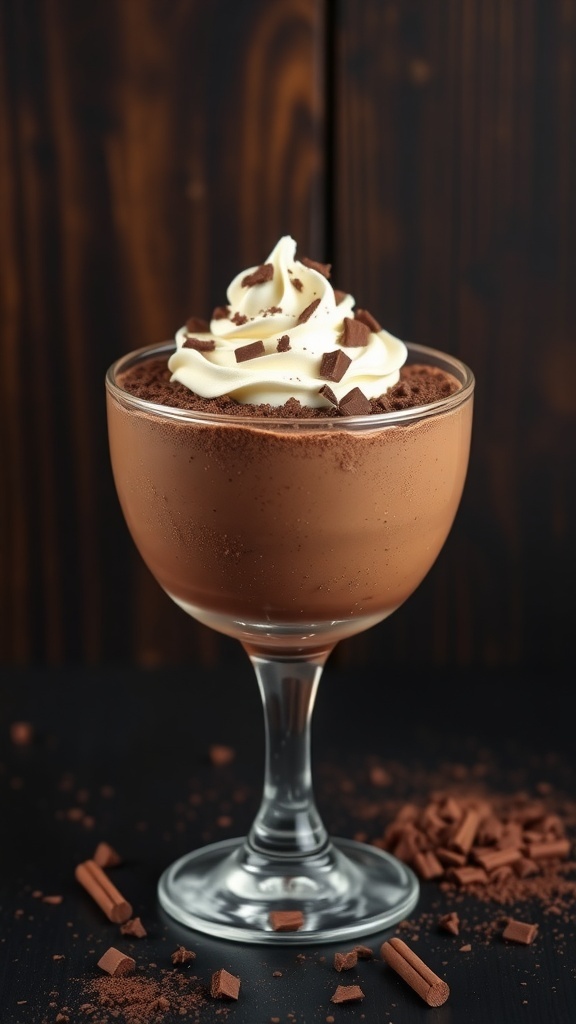 A glass of chocolate mousse topped with whipped cream and chocolate shavings