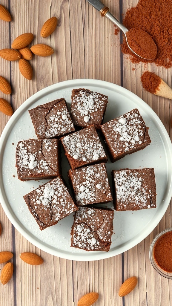 A plate of almond flour brownies dusted with powdered sugar, surrounded by almonds and cocoa powder.
