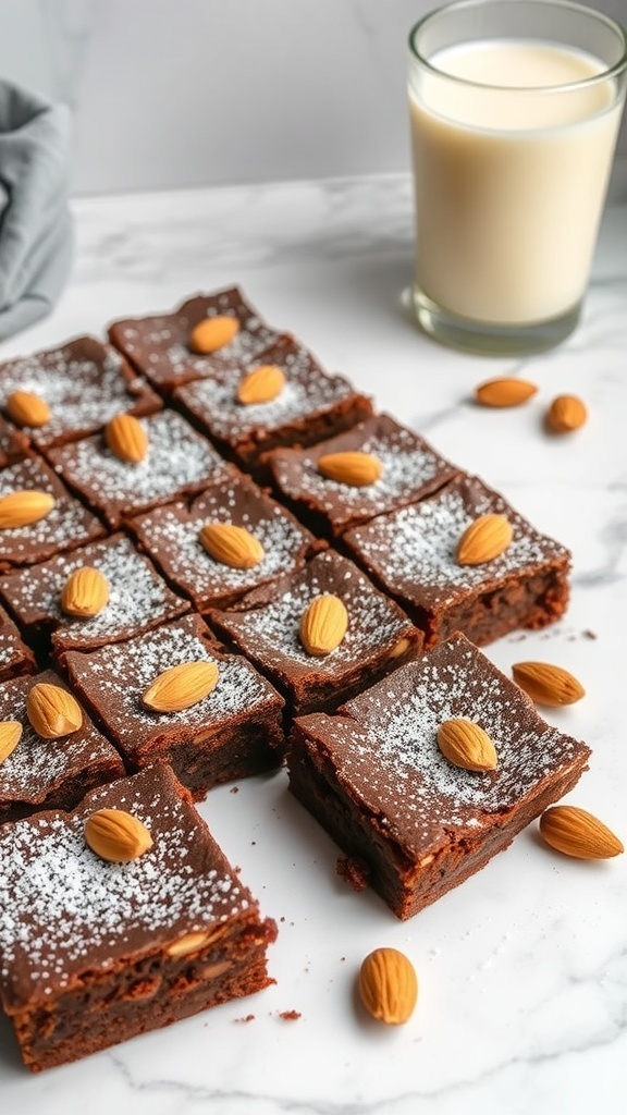 A plate of almond flour brownies topped with almonds and powdered sugar, with a glass of milk beside it.
