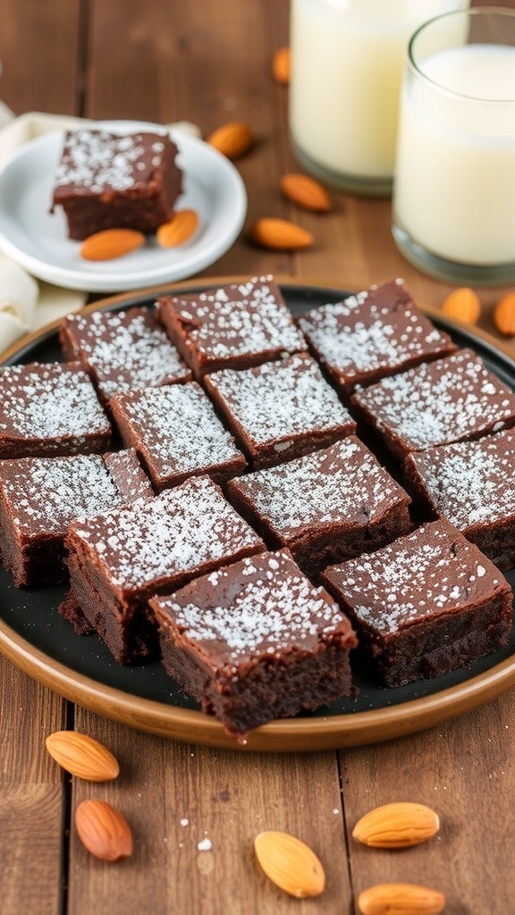 A plate of almond flour brownies dusted with powdered sugar, surrounded by almonds and glasses of milk.