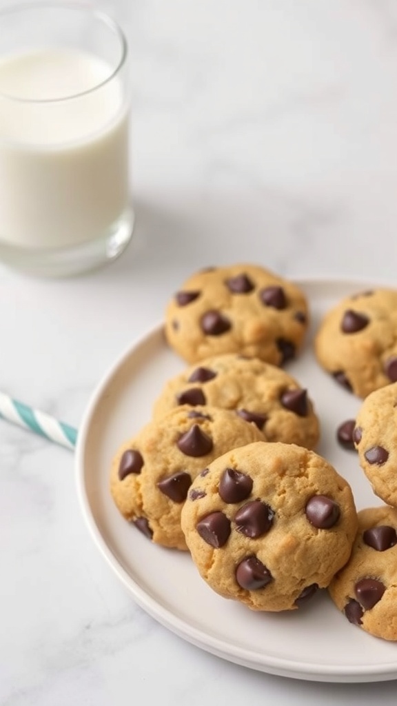 Almond flour chocolate chip cookies on a plate with a glass of milk
