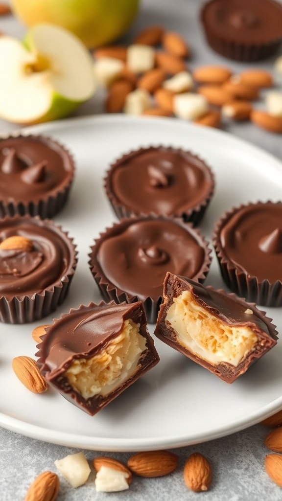 A plate of apple almond butter cups with a few cups cut in half, revealing the creamy filling, surrounded by almonds and a green apple.