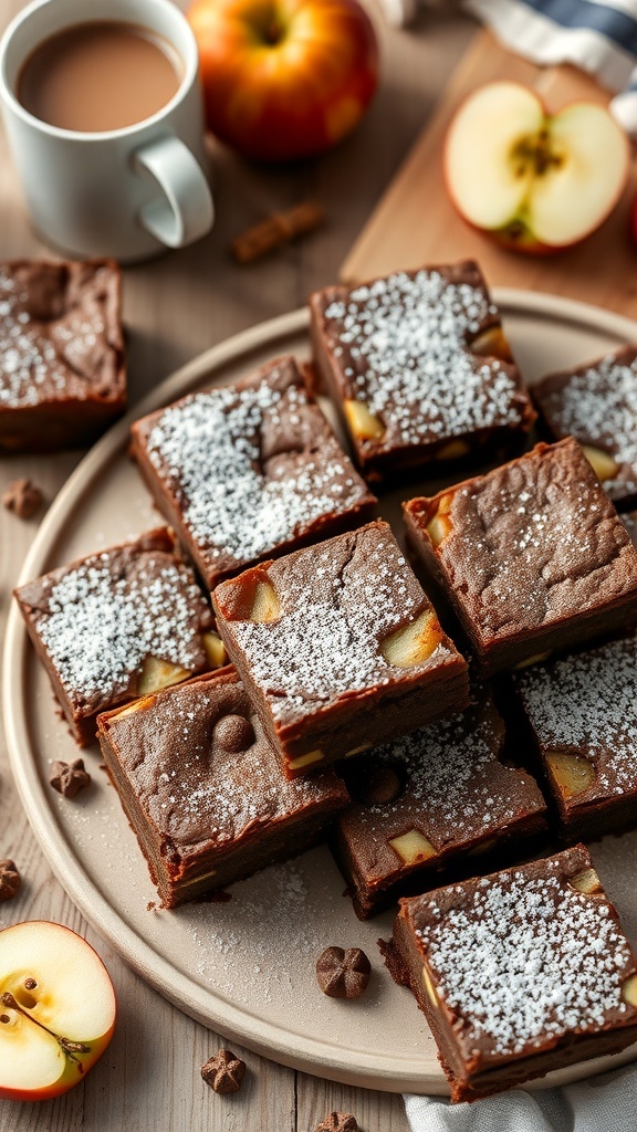 A plate of apple brownies dusted with powdered sugar, with fresh apples and a cup of coffee in the background.