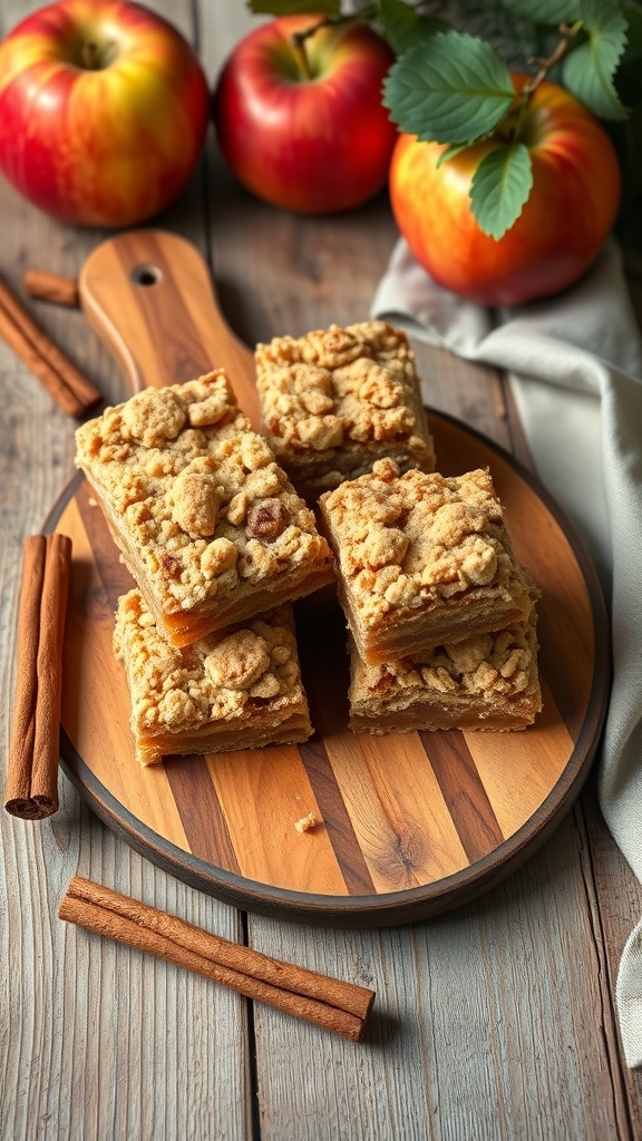 Delicious apple cinnamon crumble bars on a wooden platter with fresh apples and cinnamon sticks.