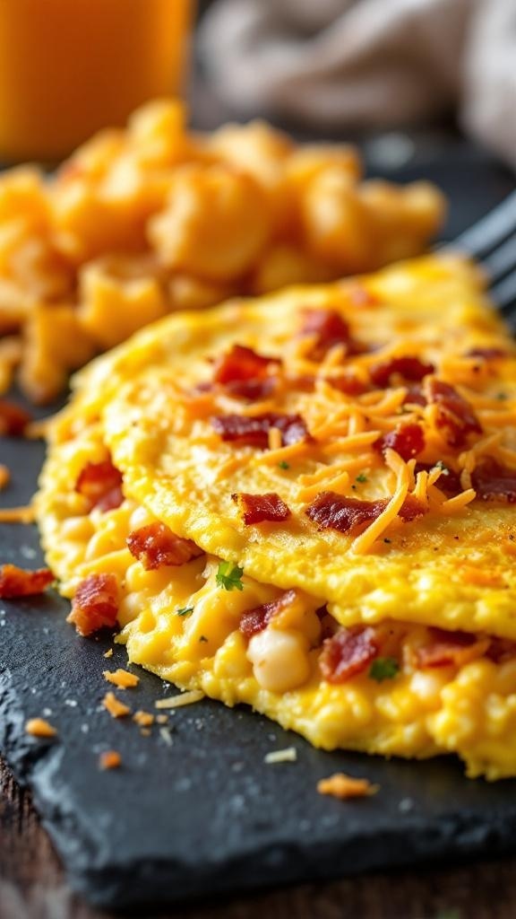 A delicious bacon and cheddar omelet served on a slate plate with a side of tater tots.