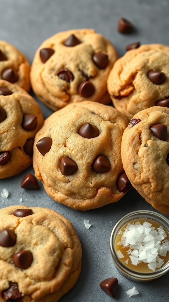 A close-up of freshly baked chocolate chip cookies with chocolate chips and a sprinkle of sea salt.