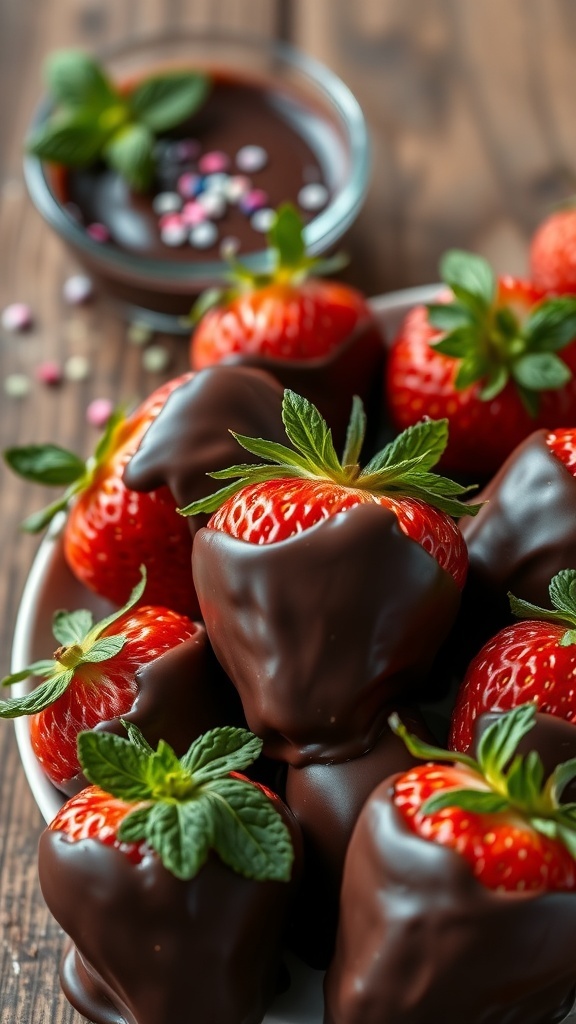 A plate of chocolate-dipped strawberries with fresh mint and a bowl of melted chocolate in the background.