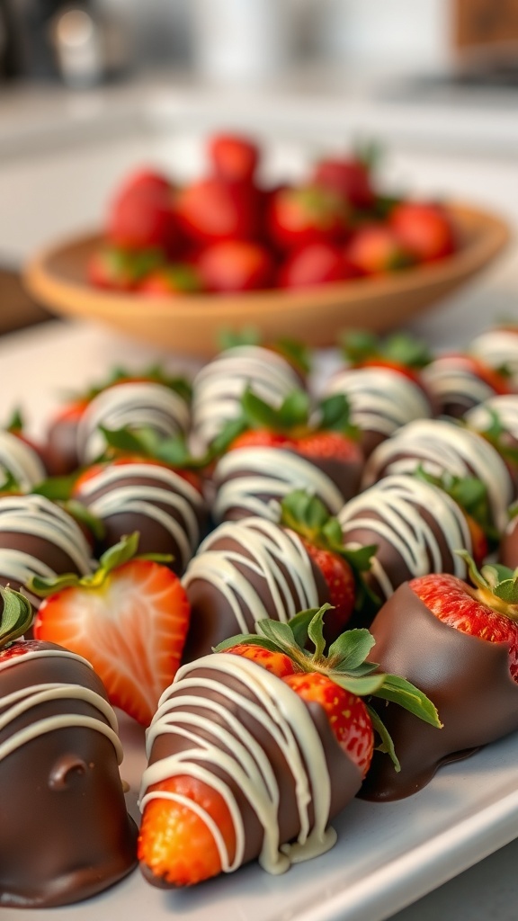 A plate of chocolate-dipped strawberries, some drizzled with white chocolate, with fresh strawberries in the background.