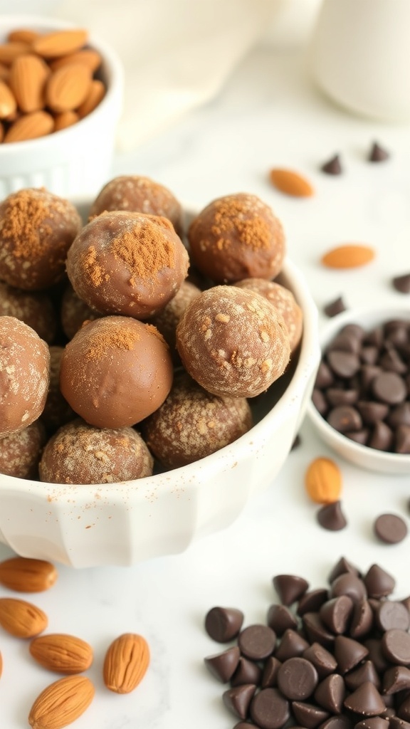 A bowl of chocolate almond protein balls surrounded by almonds and chocolate chips.