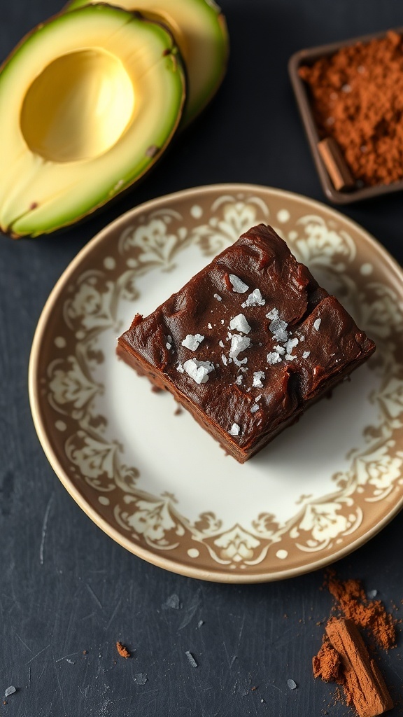 A delicious chocolate avocado brownie topped with sea salt, with avocado halves and cocoa powder in the background.