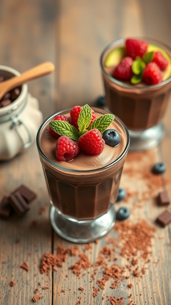 Chocolate avocado mousse topped with fresh berries and mint leaves in a glass cup.