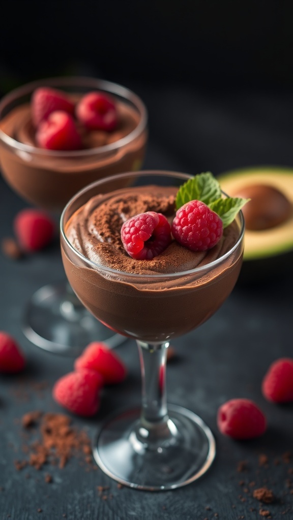 Chocolate avocado mousse in glasses topped with raspberries and cocoa powder