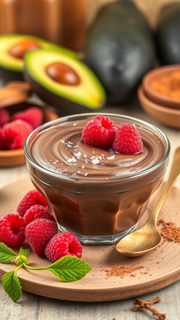 A bowl of chocolate avocado pudding topped with raspberries and mint leaves, with avocados in the background.
