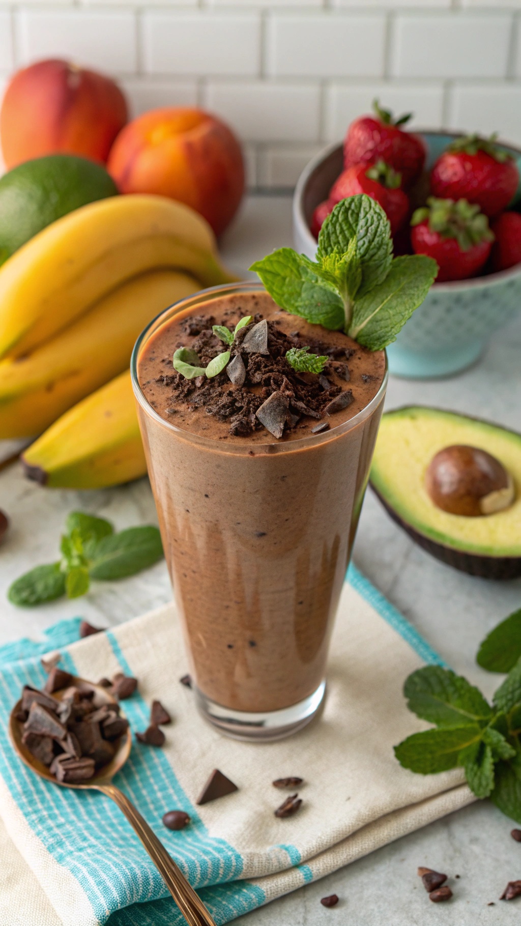 A chocolate avocado smoothie topped with mint leaves and chocolate shavings, surrounded by bananas and strawberries.