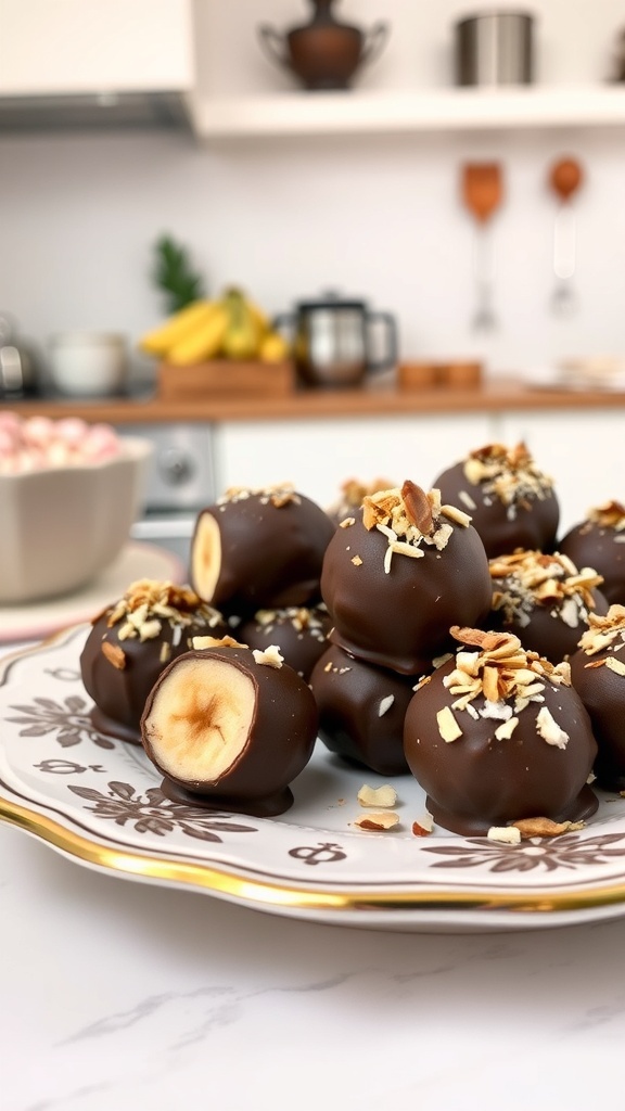 A plate of chocolate-covered banana bites topped with chopped nuts, with bananas in the background.
