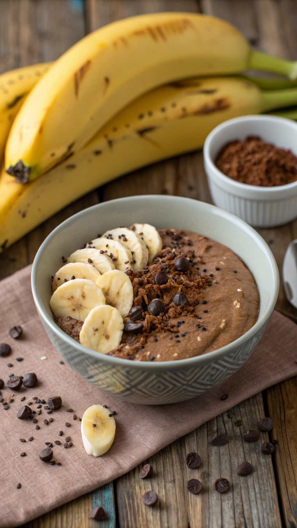 A bowl of chocolate banana overnight oats topped with banana slices and chocolate chips.