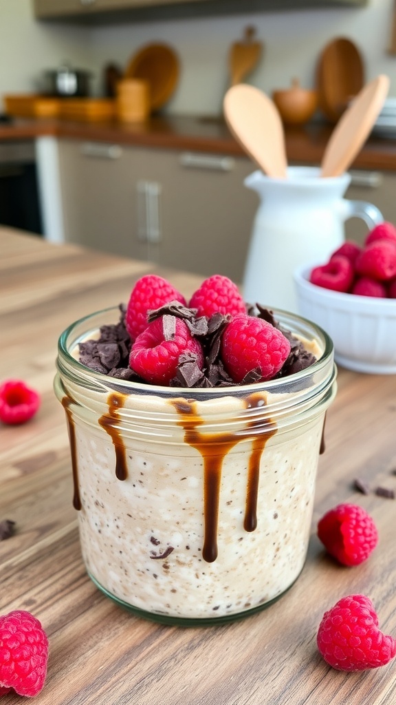 A jar of chocolate cheesecake overnight oats topped with raspberries and chocolate shavings.