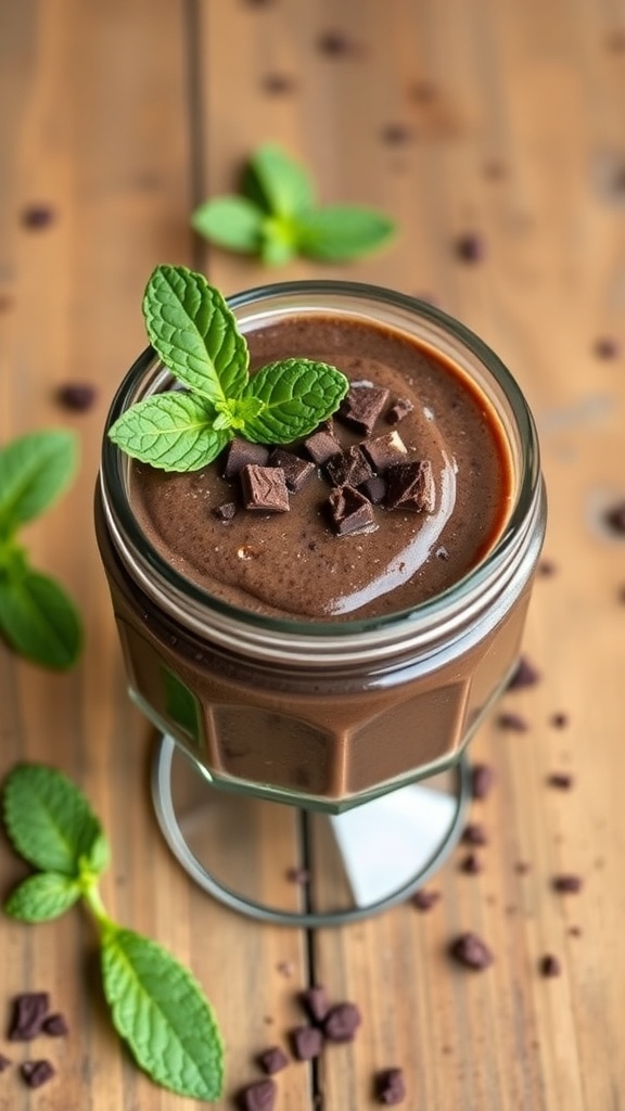 A jar of chocolate chia pudding topped with mint leaves and chocolate chunks on a wooden table.