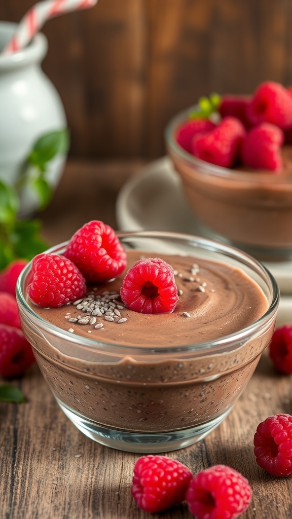 A bowl of chocolate chia pudding topped with fresh raspberries and chia seeds, set against a rustic wooden background.