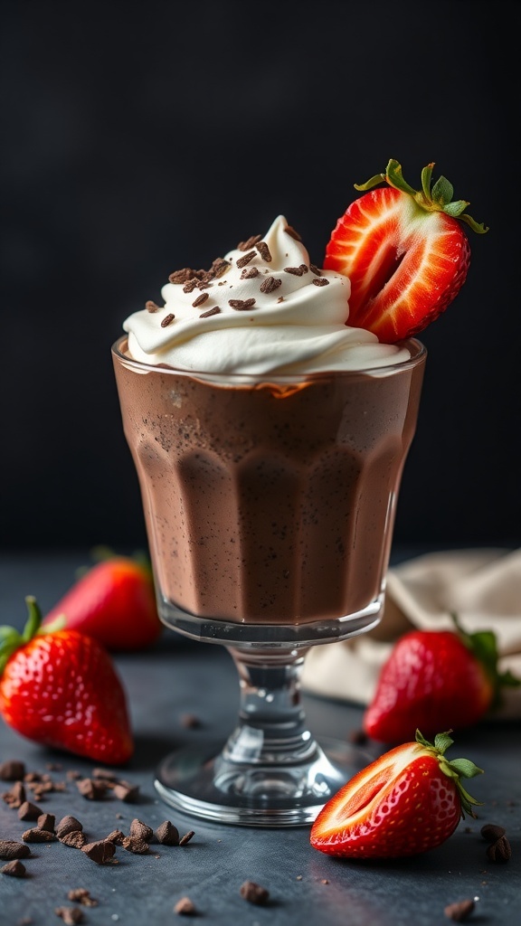 A glass of chocolate chia pudding topped with whipped cream and a strawberry, surrounded by fresh strawberries and chocolate shavings.