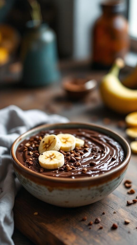 A bowl of chocolate chia pudding topped with banana slices and cacao nibs, with bananas and jars in the background.