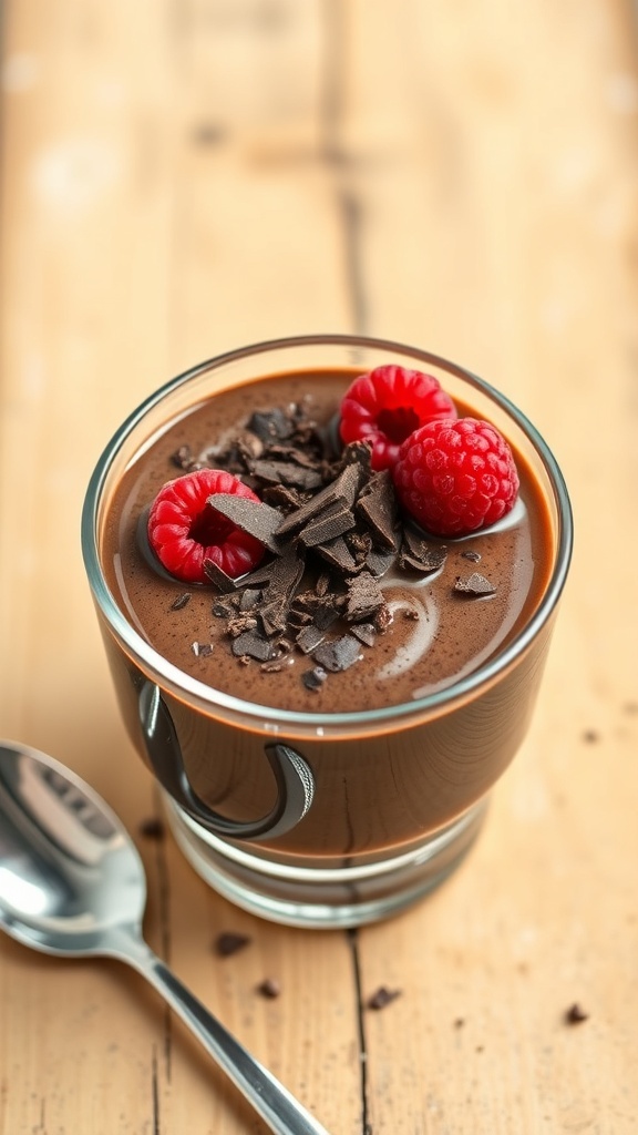 A glass of chocolate chia seed pudding topped with raspberries and chocolate shavings.
