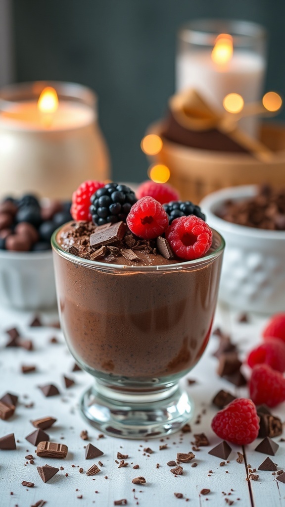 A glass of chocolate chia seed pudding topped with fresh berries and dark chocolate shavings, surrounded by candles.
