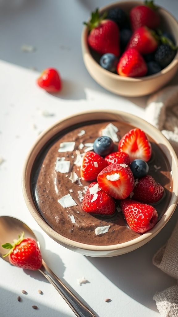 A bowl of chocolate chia seed pudding topped with strawberries and blueberries, with a spoon beside it.