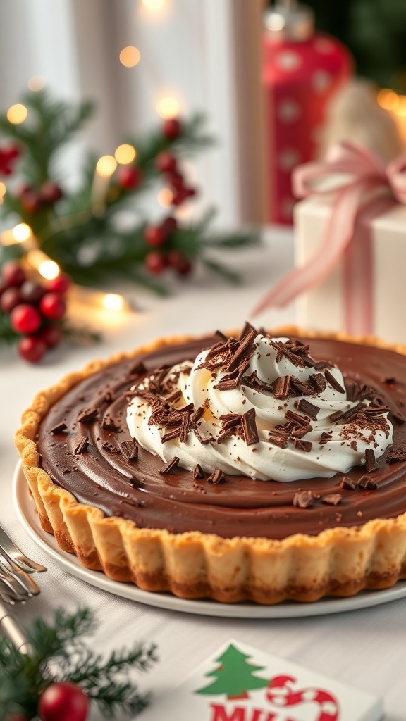 A festive chocolate cream pie topped with whipped cream and chocolate shavings, surrounded by holiday decorations.