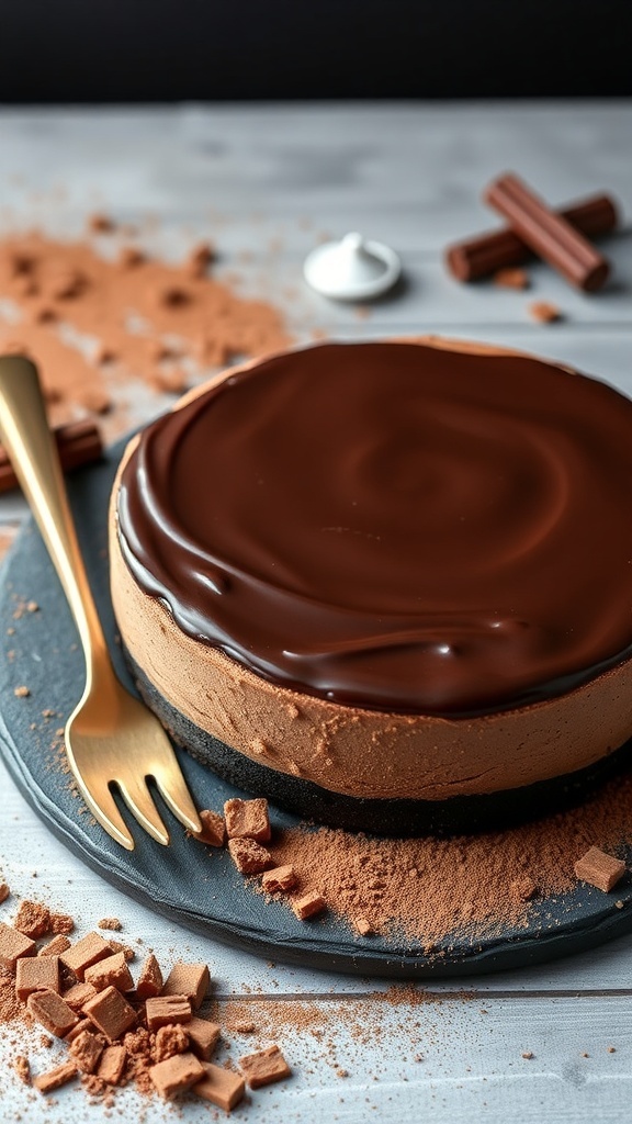 A chocolate cheesecake topped with a glossy chocolate glaze, surrounded by cocoa powder and chocolate pieces.