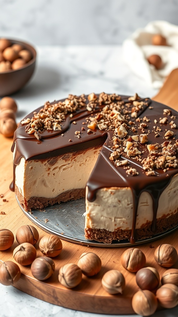 Chocolate Hazelnut Cheesecake with a slice taken out, topped with chocolate ganache and crushed hazelnuts.