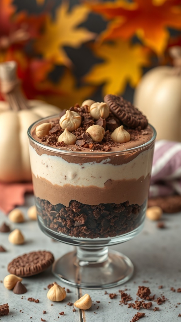 A delicious chocolate hazelnut parfait with layers of chocolate cream, whipped cream, and topped with hazelnuts and chocolate shavings, set against a backdrop of autumn leaves.
