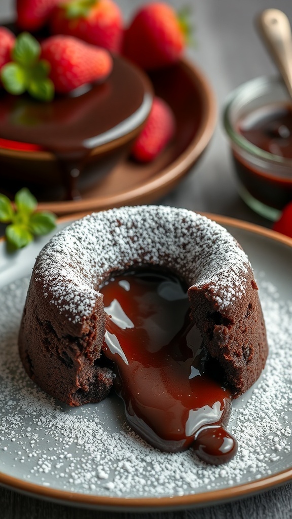 A delicious chocolate lava cake with a gooey center, dusted with powdered sugar and garnished with fresh strawberries.