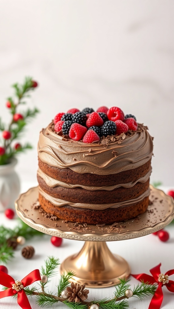 A stunning chocolate layer cake topped with fresh berries, displayed on a golden cake stand.
