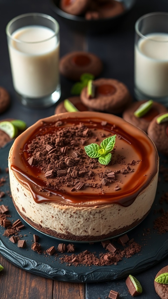 A rich chocolate mint cheesecake topped with glossy ganache and fresh mint leaves, surrounded by chocolate chip cookies and a glass of milk.
