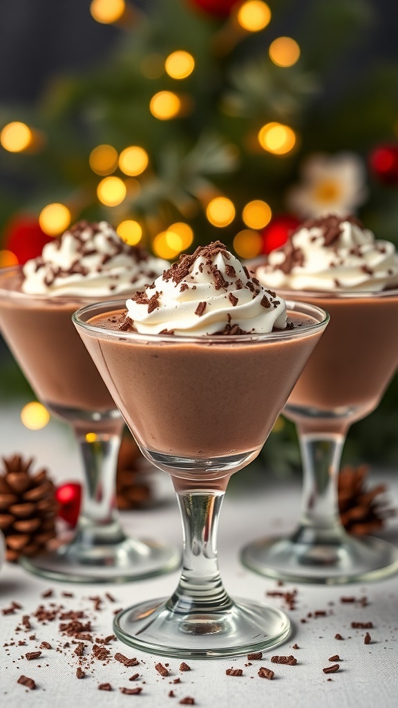 Three elegant cups of chocolate mousse topped with whipped cream and chocolate shavings, set against a festive background.