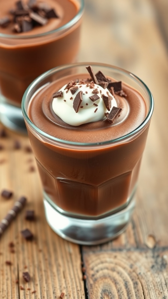 A rich chocolate mousse topped with whipped cream and chocolate shavings, garnished with a mint leaf.