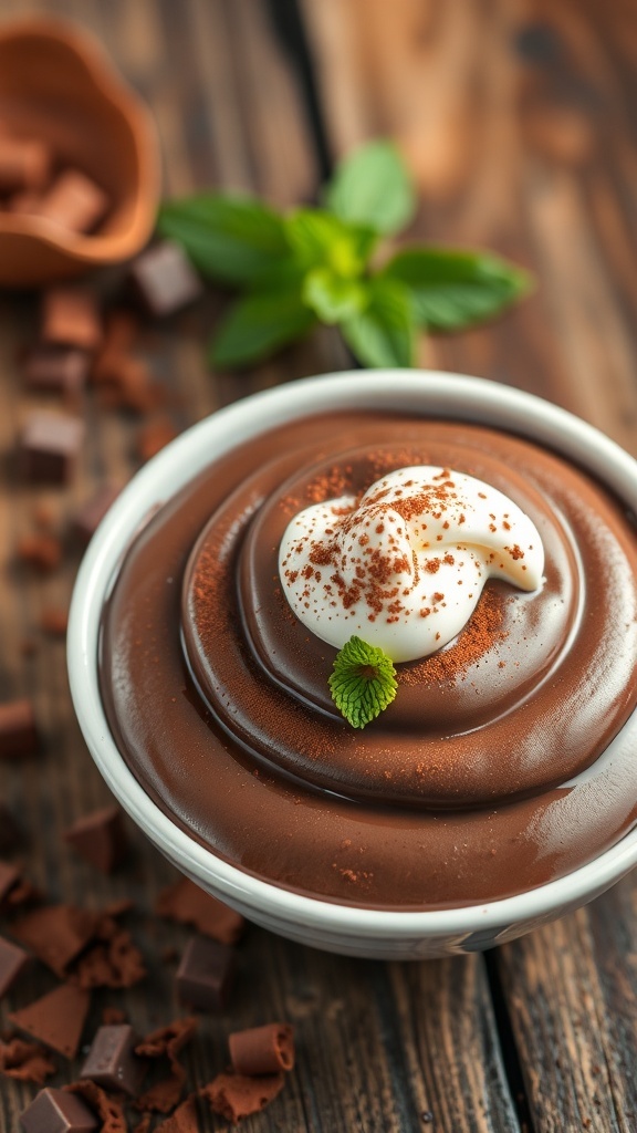 A bowl of chocolate mousse topped with whipped cream and mint, surrounded by chocolate pieces.