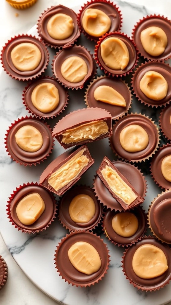 An assortment of chocolate peanut butter cups, some filled and some topped with peanut butter.