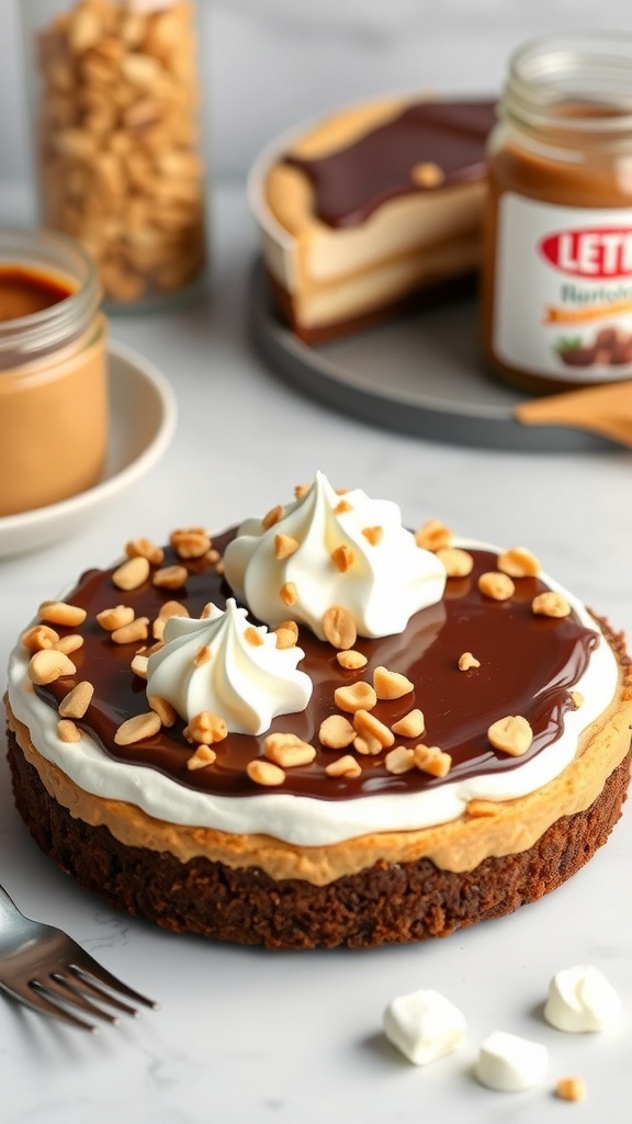 A delicious no-bake chocolate peanut butter pie topped with whipped cream and peanuts.