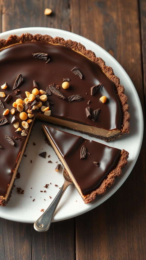 A chocolate peanut butter pie with a slice removed, topped with chocolate ganache and peanut butter chips.