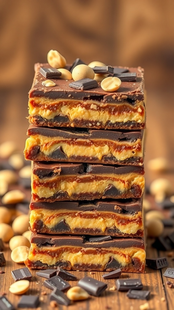 A stack of chocolate peanut butter protein bars with peanuts and chocolate chunks on top.