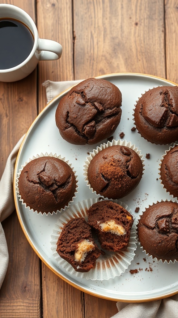 A plate of chocolate protein muffins with a cup of coffee on the side.