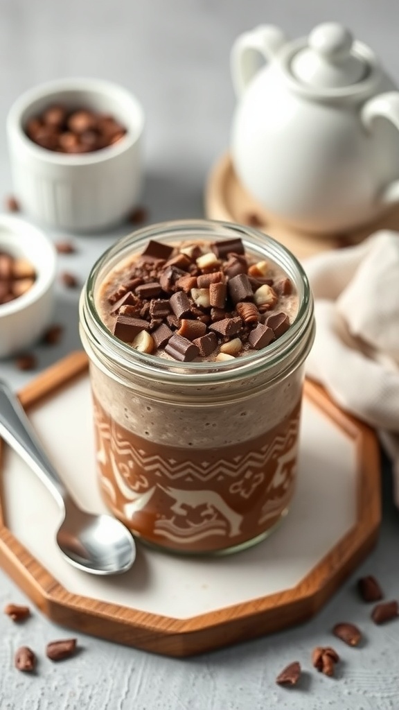 A jar of chocolate protein overnight oats topped with chocolate chips, placed on a wooden tray.
