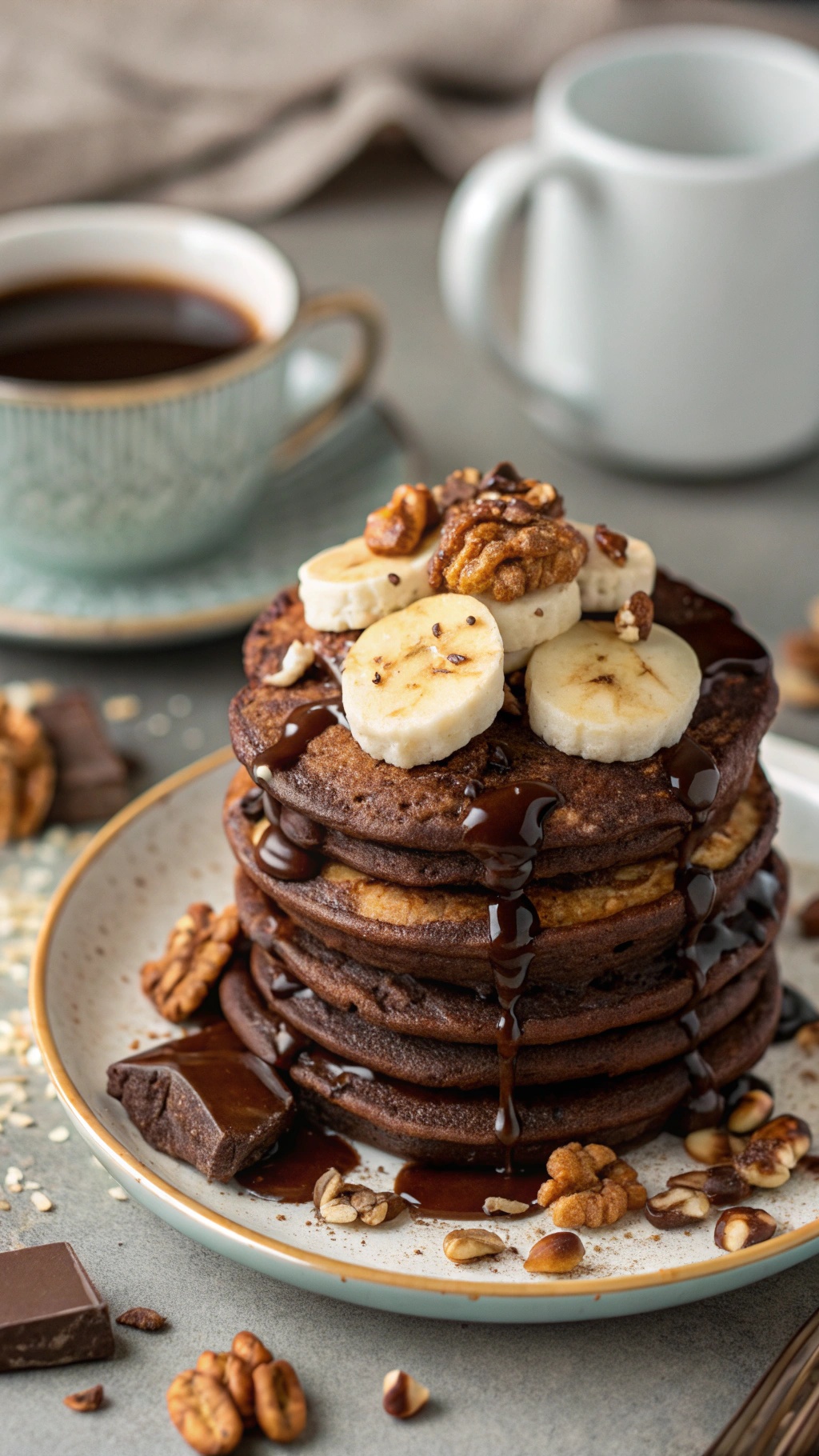 A stack of chocolate protein pancakes topped with banana slices and nuts, served with coffee.