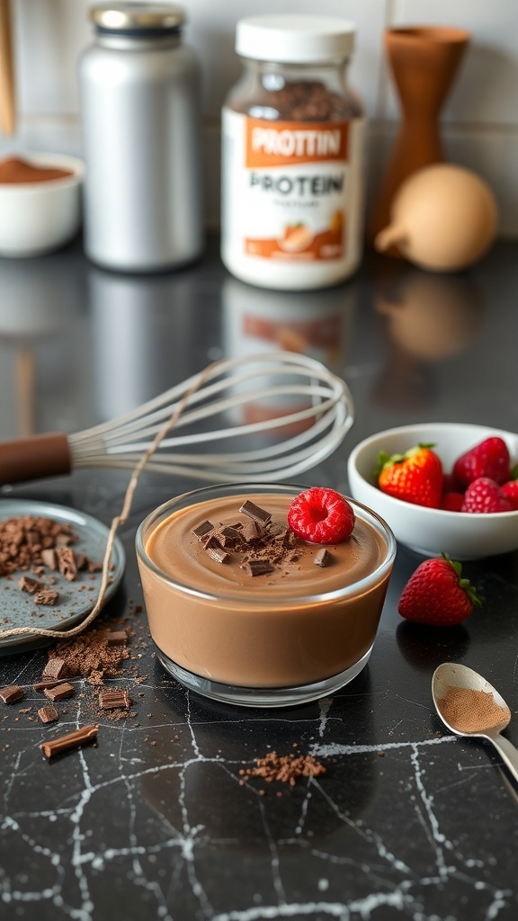 A bowl of chocolate protein pudding topped with a raspberry and chocolate shavings, surrounded by ingredients like protein powder and fresh strawberries.